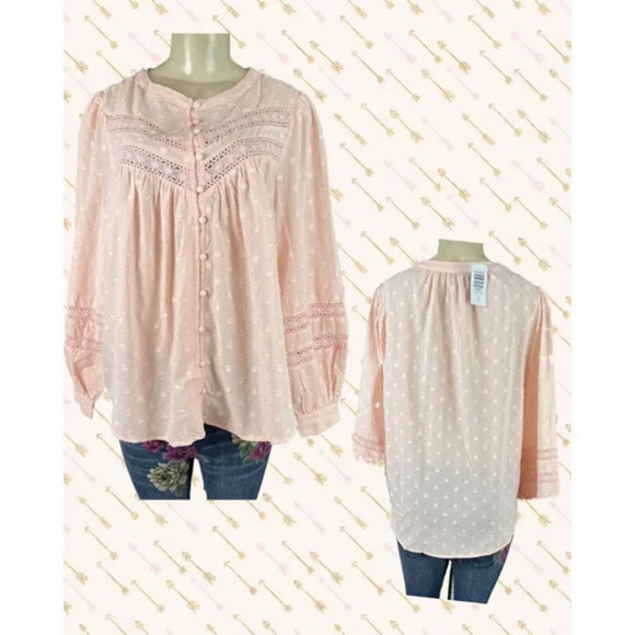 Torrid 0-L Pink Textured Dot Lace Trim Button Mandarin Neck Long Sleeve … - Picture 1 of 6